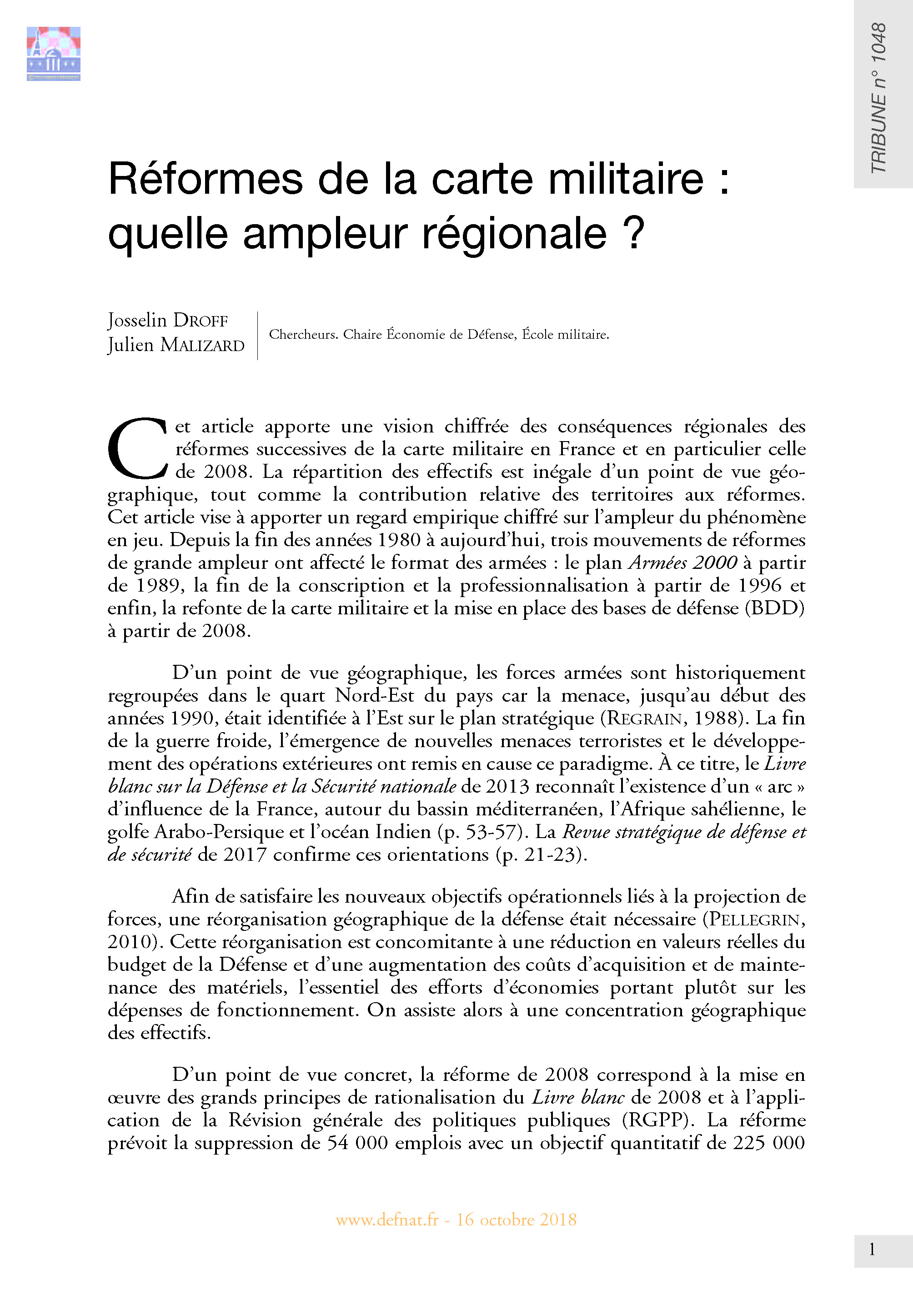 Réformes de la carte militaire : quelle ampleur régionale ? (T 1048)
